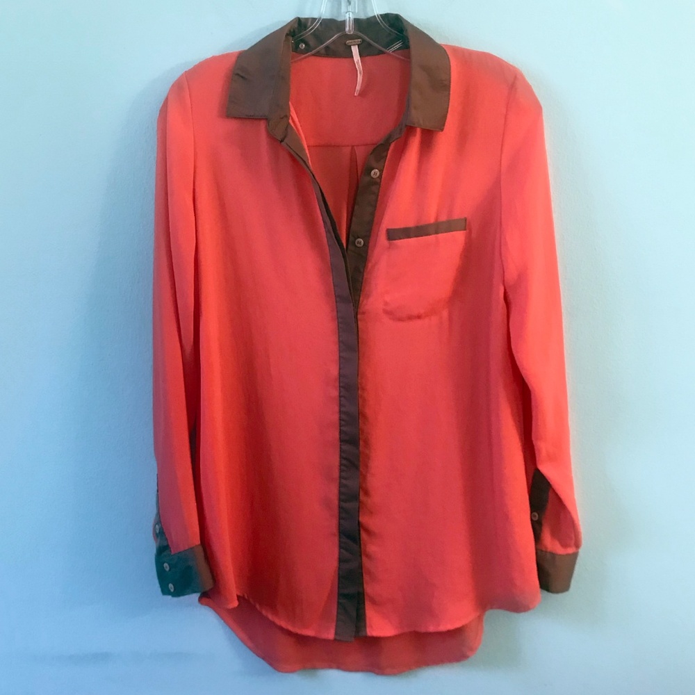 Free People Coral/Brown Button Down Shirt—XS